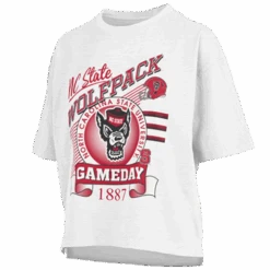 NC State Wolfpack Women's White Calgary Wolfhead Oversized Crop Top(Nc State Wolfpack Womens White Calgary Wolfhead Oversized Crop Top)